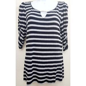 White House Black Market Black Gray Striped Top Medium Ruched Sleeves Stretch
